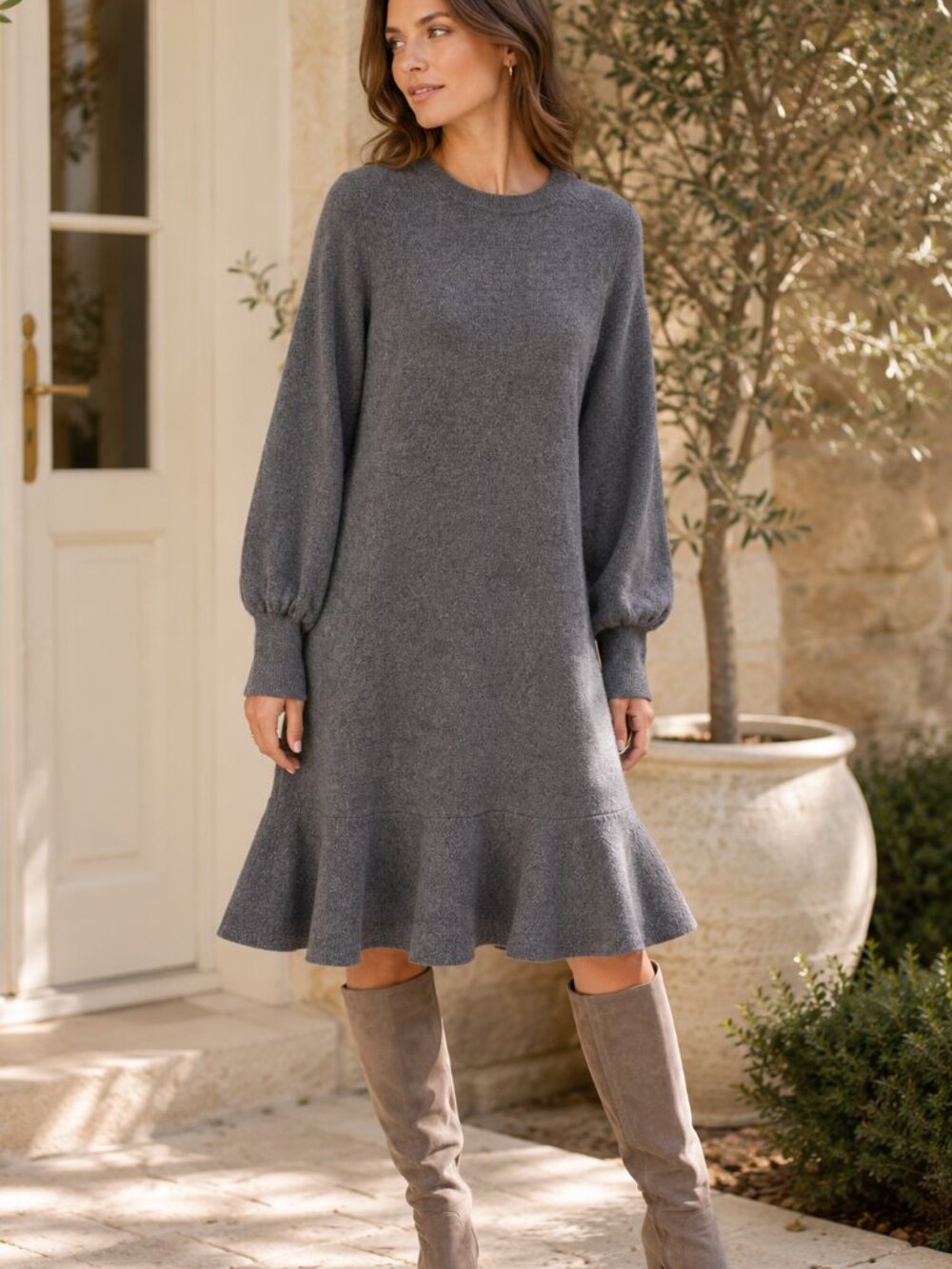 Ann Mashburn 100% Cashmere Sweater Dress Gray Ruffle Hem Balloon Sleeve S